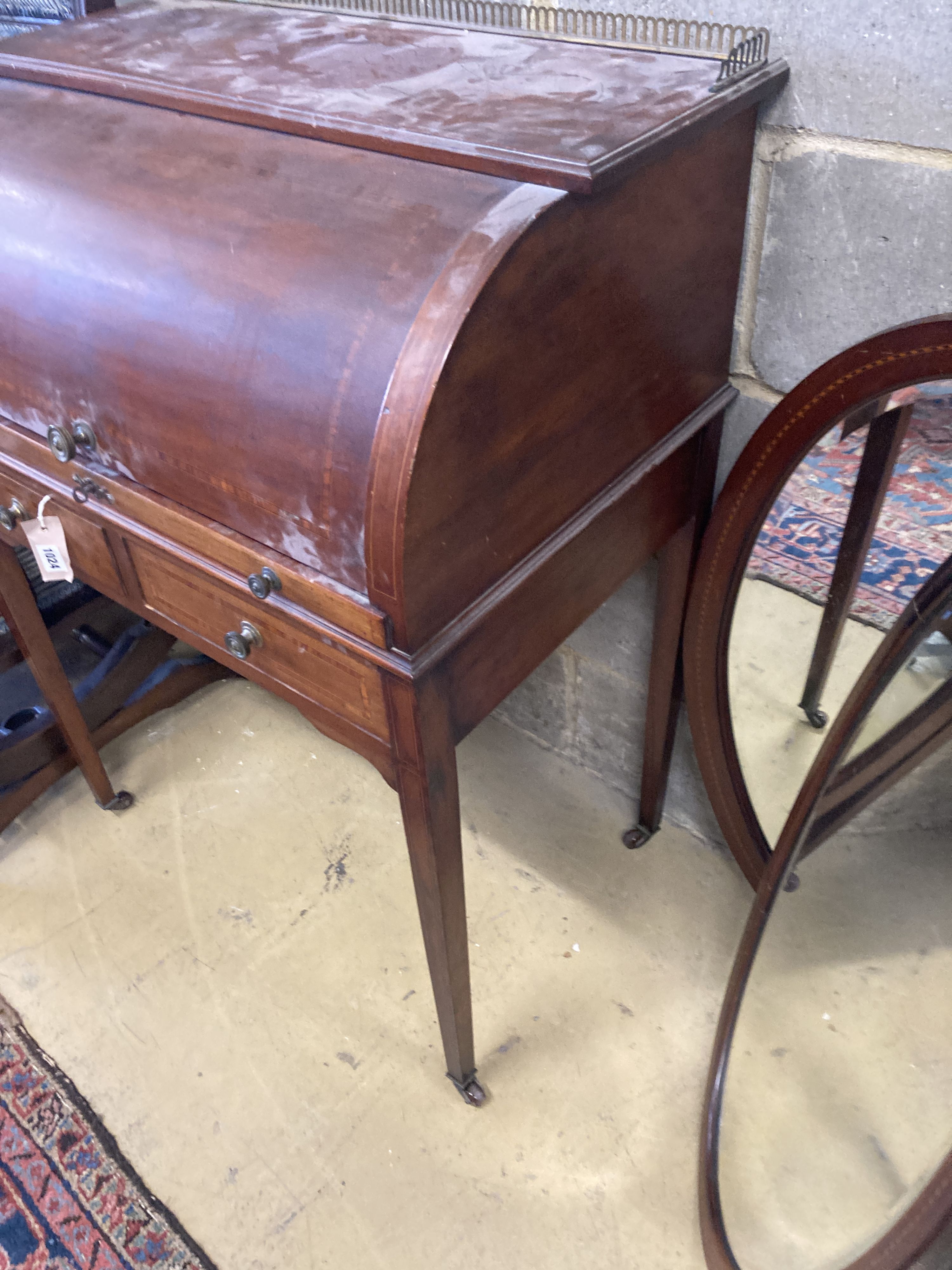 An Edwardian satinwood banded mahogany cylinder bureau, width 75cm, depth 47cm, height 98cm